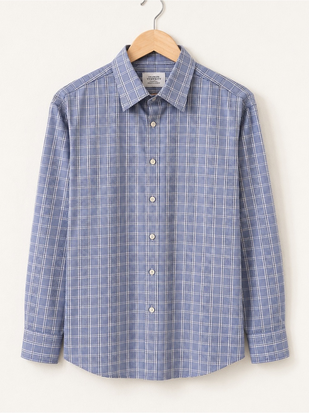 Charles Trywhitt Chambray And White Plaid Long Sleeve Button-Down Dress Shirt